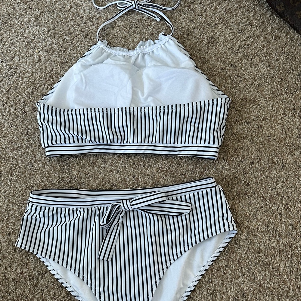 SHEIN Pinstripe High Waisted Bikini Swimsuit size Medium